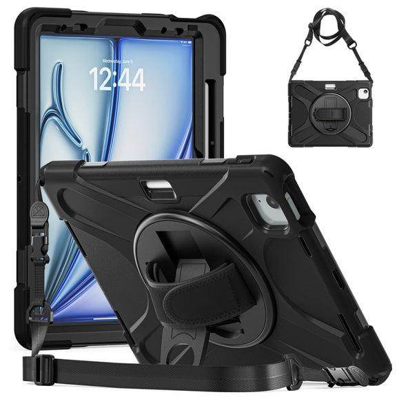 For iPad Air 11 2024 / Air 11 2025 Rotatable Holder Silicone Hybrid PC Tablet Case with Shoulder Strap(Black)