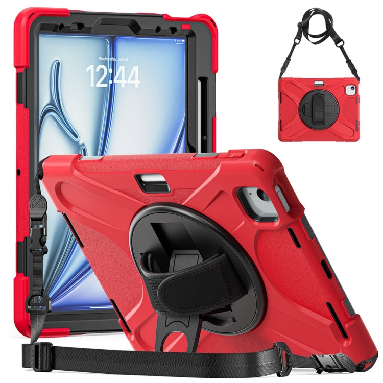 For iPad Air 11 2024 / Air 11 2025 Rotatable Holder Silicone Hybrid PC Tablet Case with Shoulder Strap(Red)