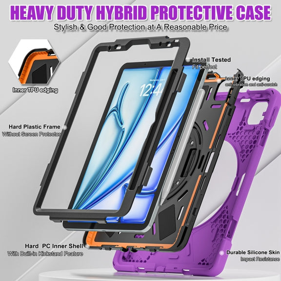 For iPad Air 11 2024 / Air 11 2025 Rotatable Holder Silicone Hybrid PC Tablet Case with Shoulder Strap(Purple)