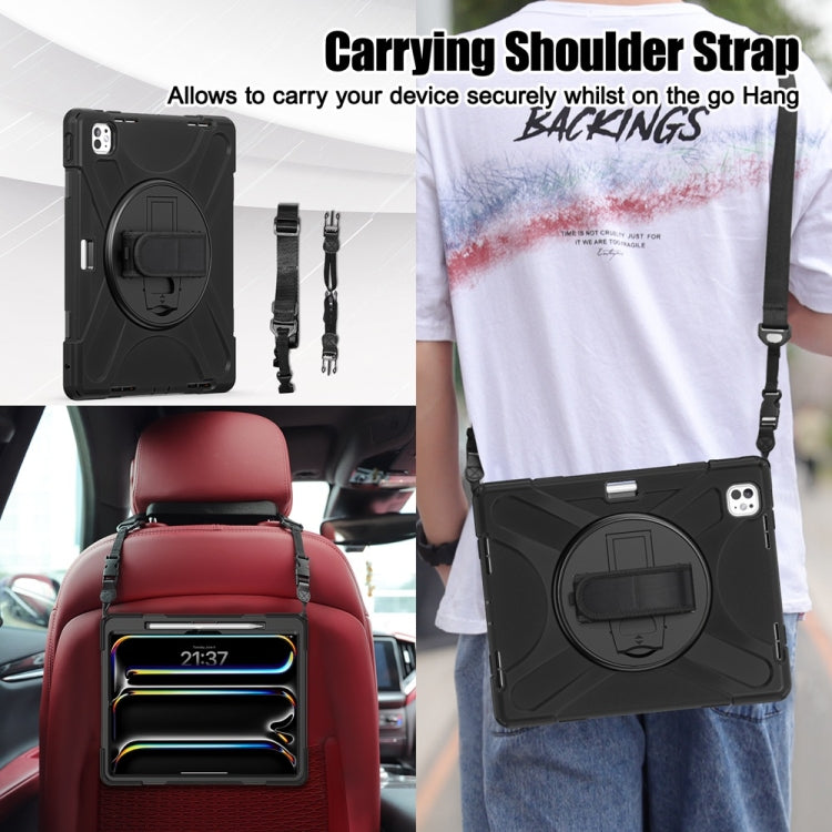 For iPad Pro 13 2024 Rotatable Holder Silicone Hybrid PC Tablet Case with Shoulder Strap(Black)
