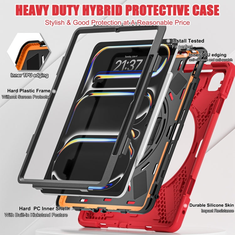 For iPad Pro 13 2024 Rotatable Holder Silicone Hybrid PC Tablet Case with Shoulder Strap(Red)