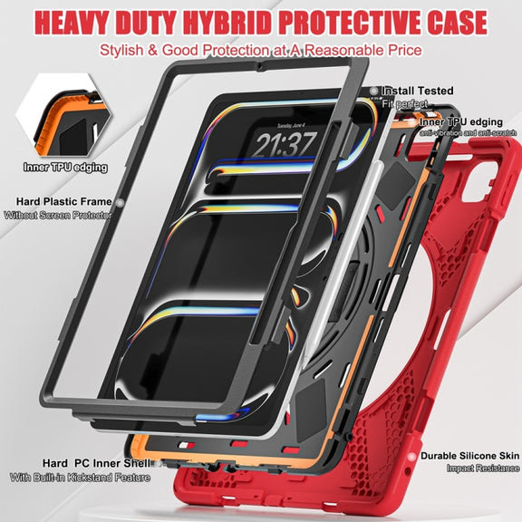 For iPad Pro 13 2024 Rotatable Holder Silicone Hybrid PC Tablet Case with Shoulder Strap(Red)