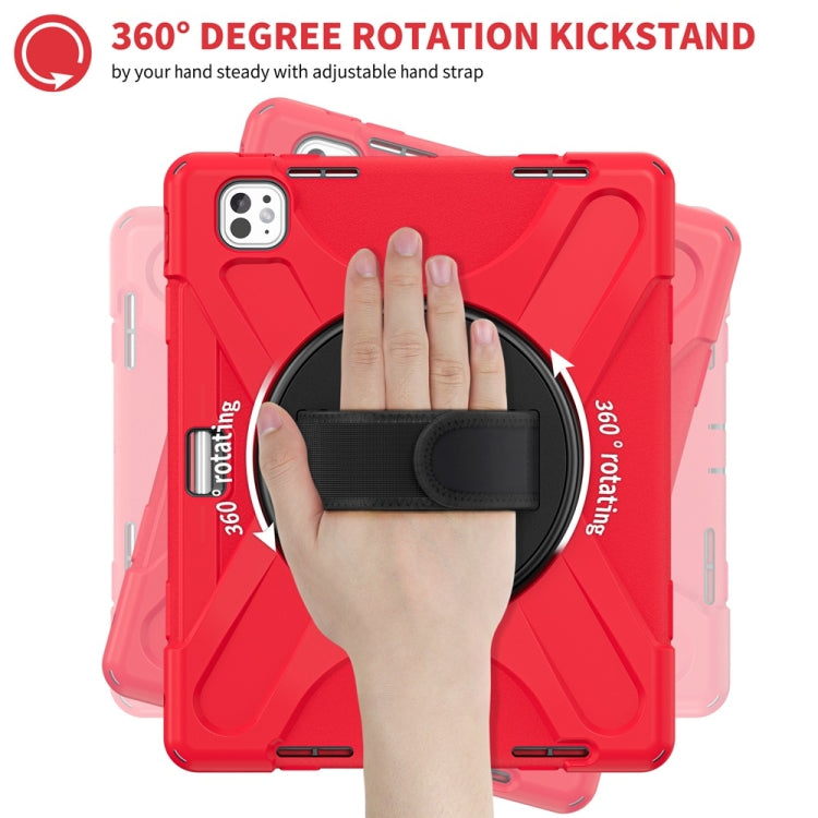 For iPad Pro 13 2024 Rotatable Holder Silicone Hybrid PC Tablet Case with Shoulder Strap(Red)