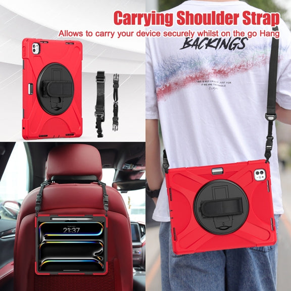 For iPad Pro 13 2024 Rotatable Holder Silicone Hybrid PC Tablet Case with Shoulder Strap(Red)