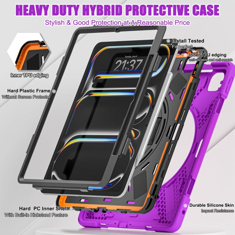 For iPad Pro 13 2024 Rotatable Holder Silicone Hybrid PC Tablet Case with Shoulder Strap(Purple)
