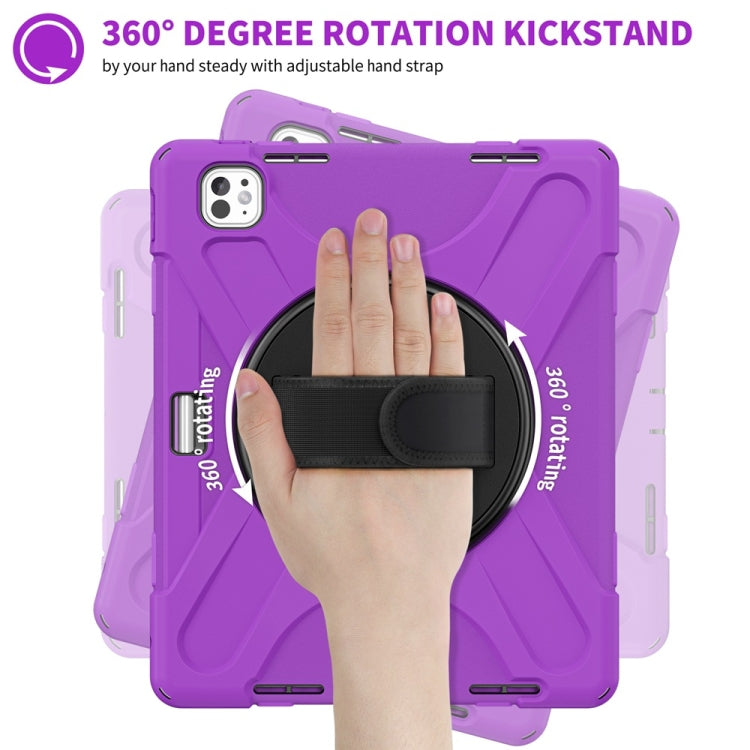 For iPad Pro 13 2024 Rotatable Holder Silicone Hybrid PC Tablet Case with Shoulder Strap(Purple)