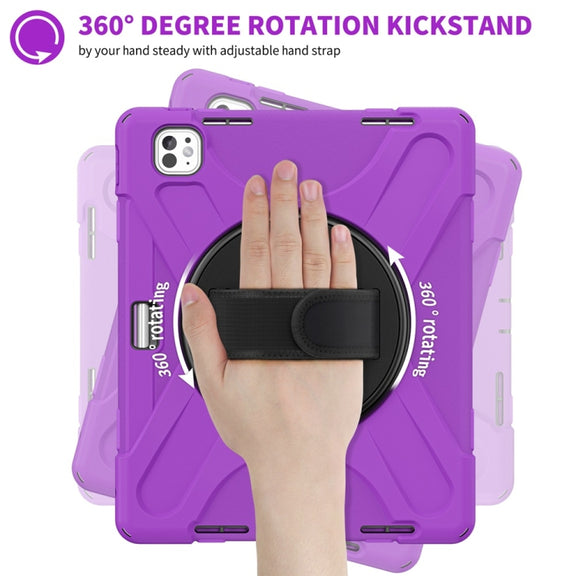 For iPad Pro 13 2024 Rotatable Holder Silicone Hybrid PC Tablet Case with Shoulder Strap(Purple)