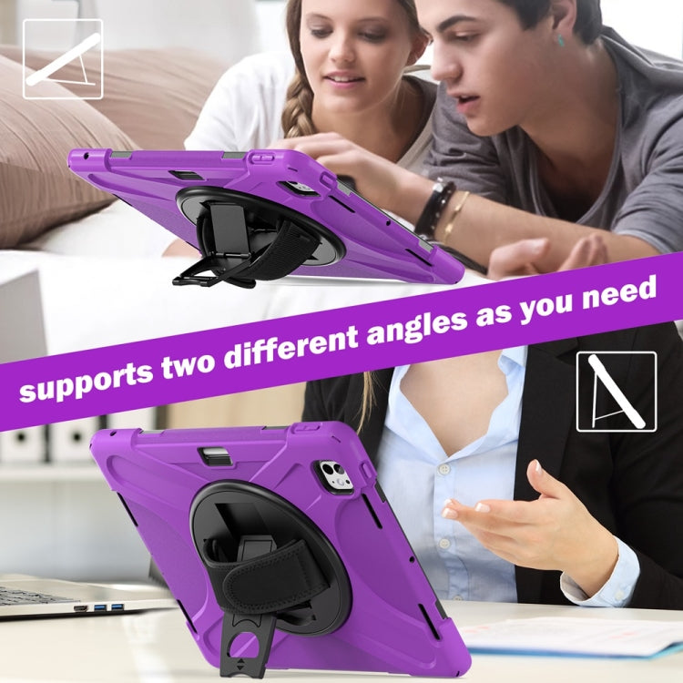 For iPad Pro 13 2024 Rotatable Holder Silicone Hybrid PC Tablet Case with Shoulder Strap(Purple)
