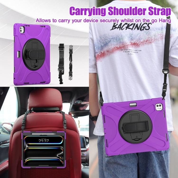 For iPad Pro 13 2024 Rotatable Holder Silicone Hybrid PC Tablet Case with Shoulder Strap(Purple)