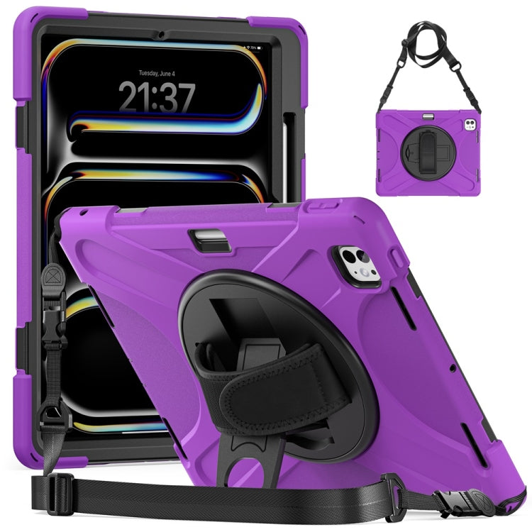 For iPad Pro 13 2024 Rotatable Holder Silicone Hybrid PC Tablet Case with Shoulder Strap(Purple)