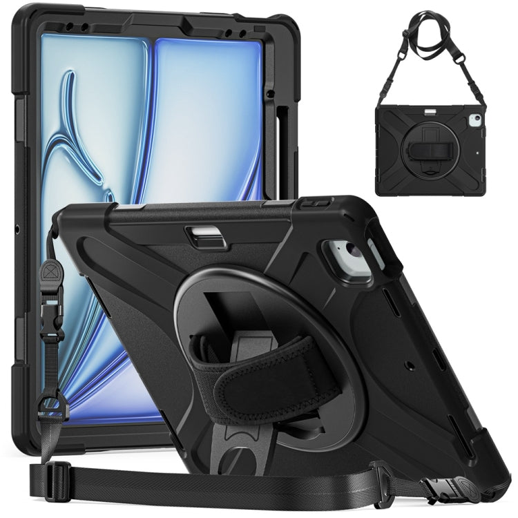 For iPad Air 13 2024 / Air 13 2025 Rotatable Holder Silicone Hybrid PC Tablet Case with Shoulder Strap(Black)