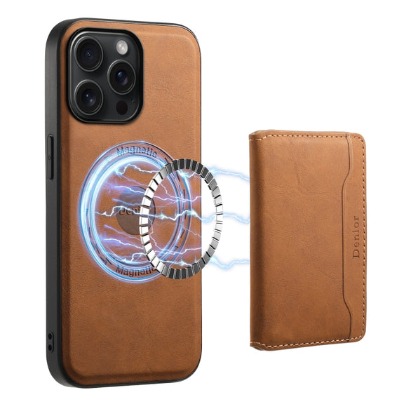 For iPhone 15 Pro Max Denior D13 Retro Texture Leather MagSafe Card Bag Phone Case(Brown)