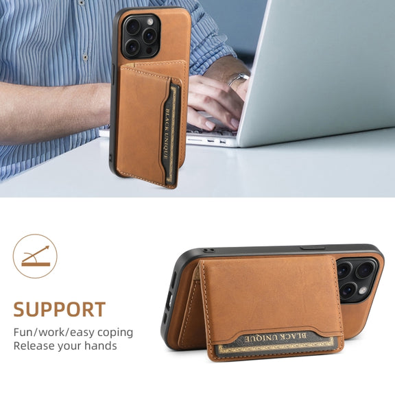 For iPhone 15 Pro Max Denior D13 Retro Texture Leather MagSafe Card Bag Phone Case(Brown)