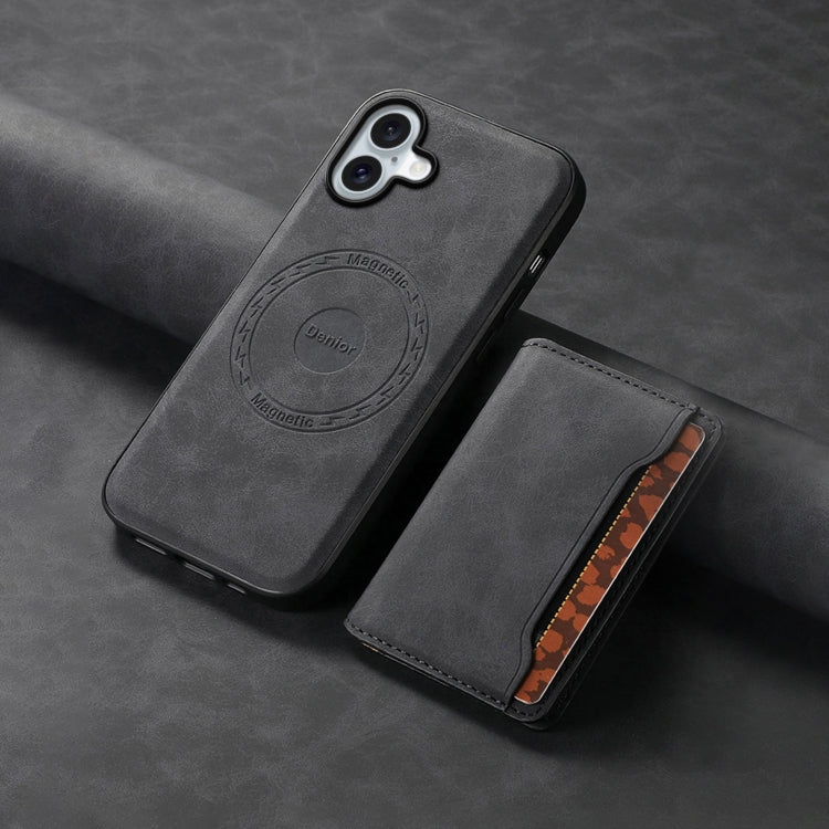 For iPhone 16 Plus Denior D13 Retro Texture Leather MagSafe Card Bag Phone Case(Black)