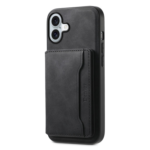 For iPhone 16 Plus Denior D13 Retro Texture Leather MagSafe Card Bag Phone Case(Black)