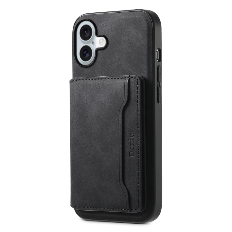 For iPhone 16 Plus Denior D13 Retro Texture Leather MagSafe Card Bag Phone Case(Black)