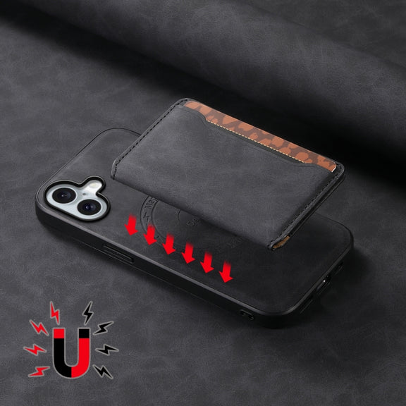 For iPhone 16 Plus Denior D13 Retro Texture Leather MagSafe Card Bag Phone Case(Black)