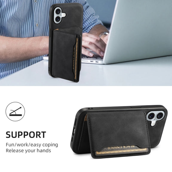 For iPhone 16 Plus Denior D13 Retro Texture Leather MagSafe Card Bag Phone Case(Black)