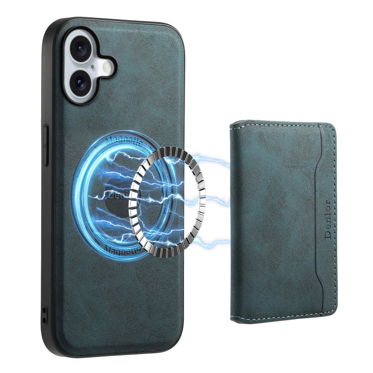 For iPhone 16 Plus Denior D13 Retro Texture Leather MagSafe Card Bag Phone Case(Blue)