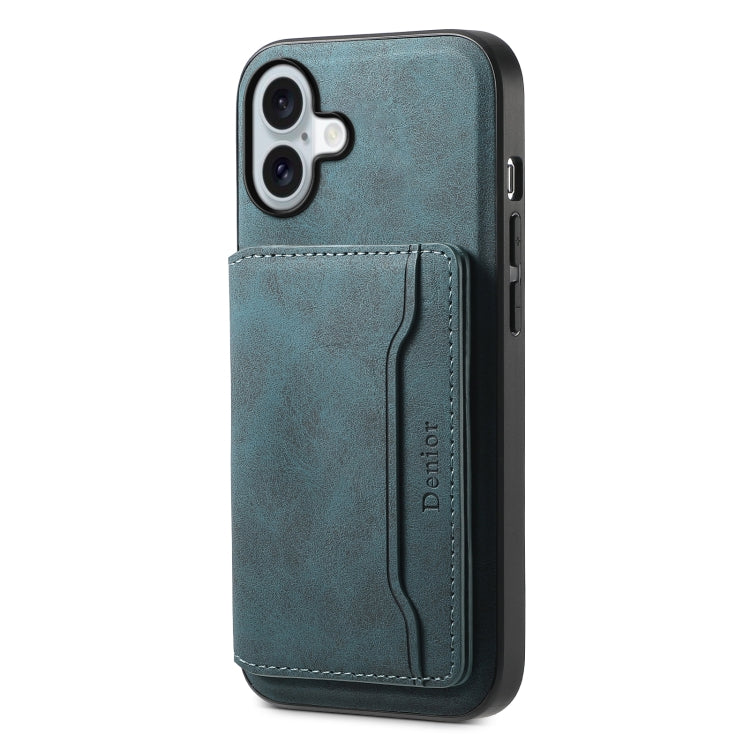 For iPhone 16 Plus Denior D13 Retro Texture Leather MagSafe Card Bag Phone Case(Blue)