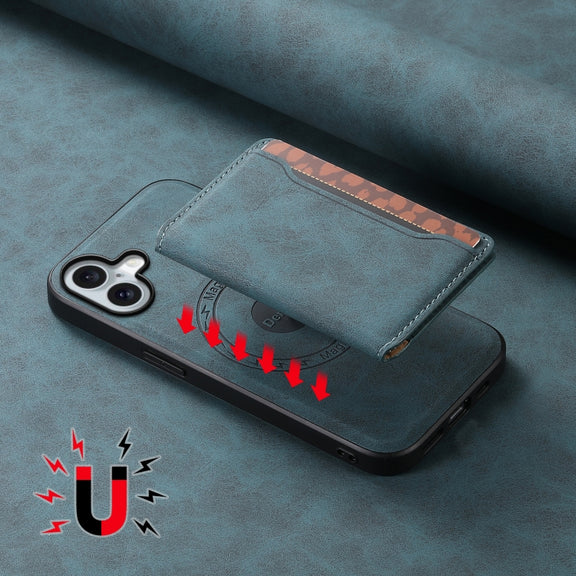 For iPhone 16 Plus Denior D13 Retro Texture Leather MagSafe Card Bag Phone Case(Blue)