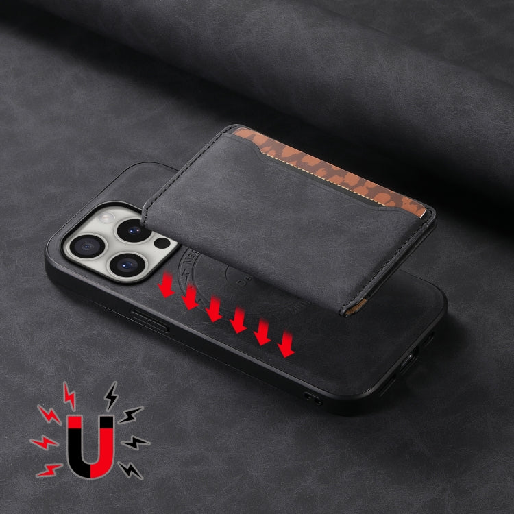 For iPhone 16 Pro Denior D13 Retro Texture Leather MagSafe Card Bag Phone Case(Black)