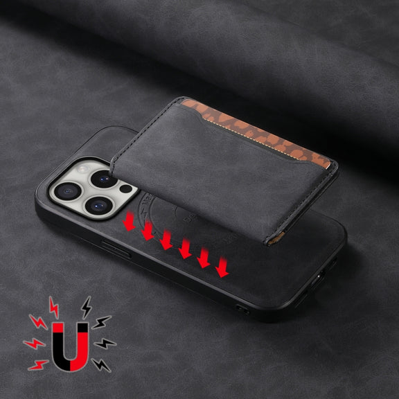 For iPhone 16 Pro Max Denior D13 Retro Texture Leather MagSafe Card Bag Phone Case(Black)