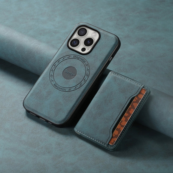 For iPhone 16 Pro Max Denior D13 Retro Texture Leather MagSafe Card Bag Phone Case(Blue)