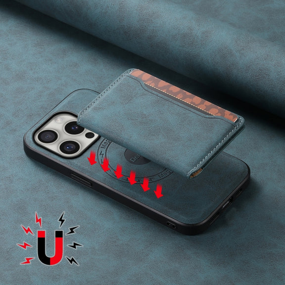 For iPhone 16 Pro Max Denior D13 Retro Texture Leather MagSafe Card Bag Phone Case(Blue)