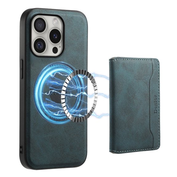 For iPhone 16 Pro Max Denior D13 Retro Texture Leather MagSafe Card Bag Phone Case(Blue)