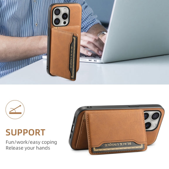 For iPhone 16 Pro Max Denior D13 Retro Texture Leather MagSafe Card Bag Phone Case(Brown)