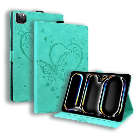 For iPad Pro 13 2024 Love Butterfly Embossed Leather Tablet Case(Mint Green)