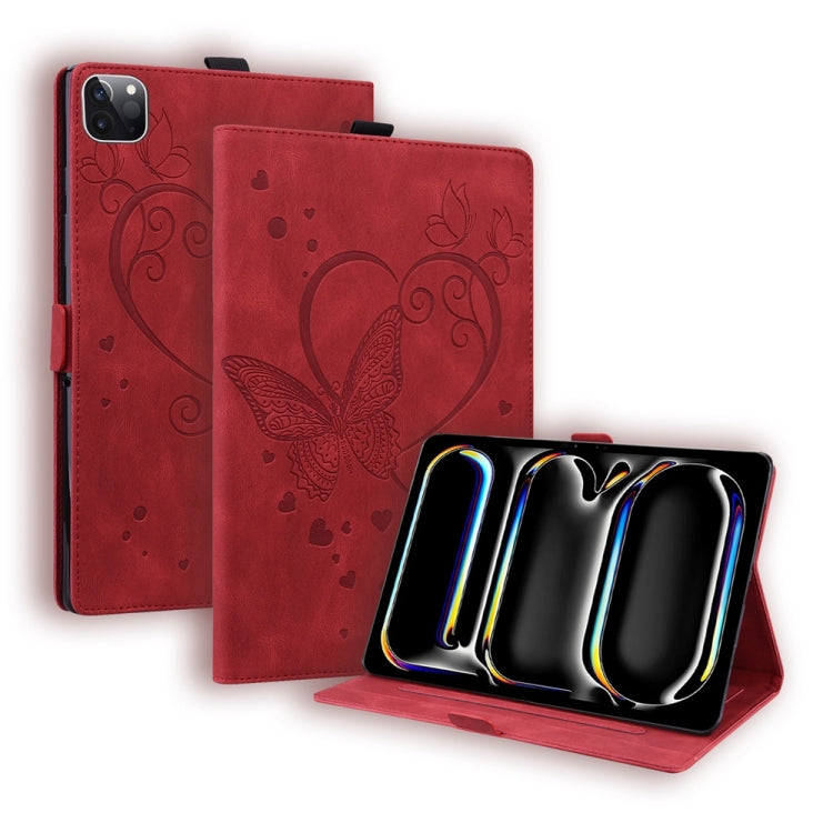 For iPad Pro 11 2024 Love Butterfly Embossed Leather Tablet Case(Red)