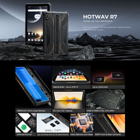 HOTWAV Tab R7 Rugged Tablet, 6GB+256GB, 10.1 inch Android 13 Unisoc Tiger T606 Octa Core 4G Network, Global Version with Google Play(Black Orange)