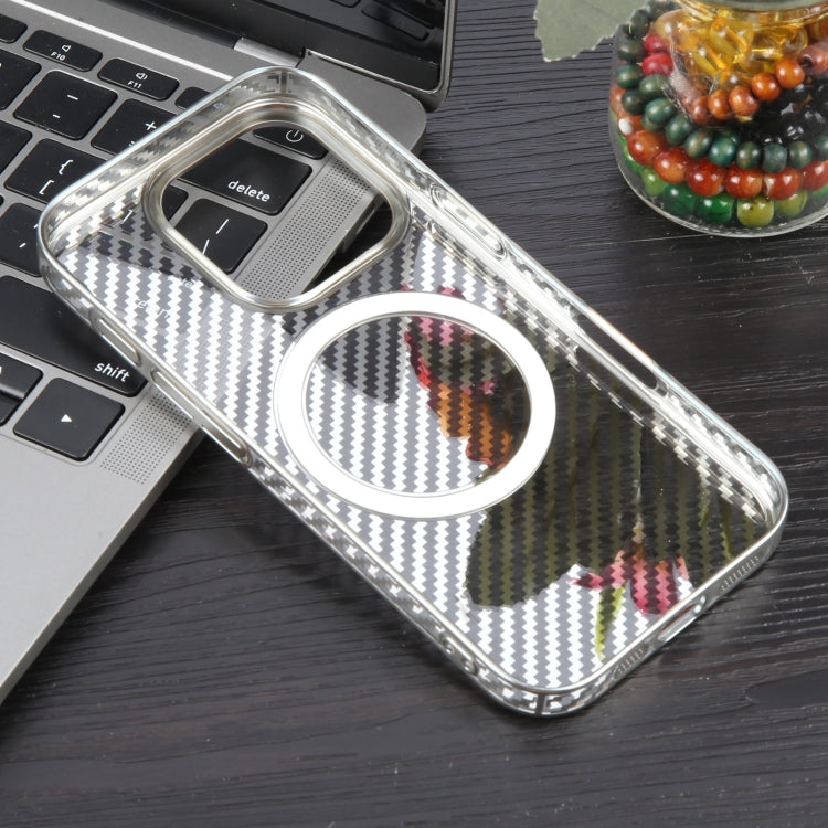For iPhone 16 Pro Max 6D Plated Carbon Fiber Clear Magsafe PC Phone Case(Starlight Silver)