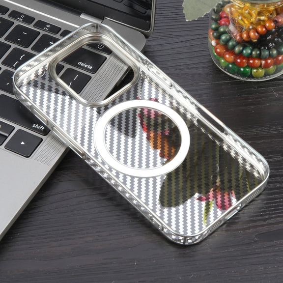 For iPhone 16 Pro Max 6D Plated Carbon Fiber Clear Magsafe PC Phone Case(Starlight Silver)