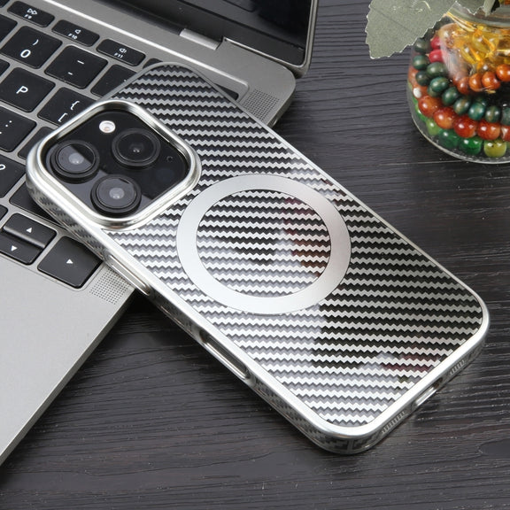 For iPhone 16 Pro Max 6D Plated Carbon Fiber Clear Magsafe PC Phone Case(Starlight Silver)