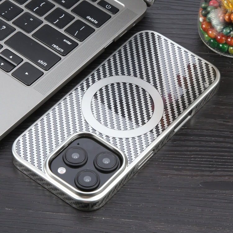 For iPhone 16 Pro Max 6D Plated Carbon Fiber Clear Magsafe PC Phone Case(Starlight Silver)