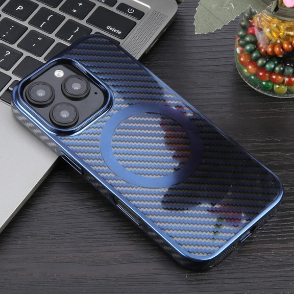 For iPhone 16 Pro 6D Plated Carbon Fiber Clear Magsafe PC Phone Case(Dream Blue)
