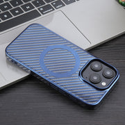 For iPhone 16 Pro 6D Plated Carbon Fiber Clear Magsafe PC Phone Case(Dream Blue)