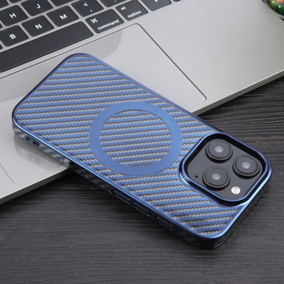 For iPhone 16 Pro 6D Plated Carbon Fiber Clear Magsafe PC Phone Case(Dream Blue)