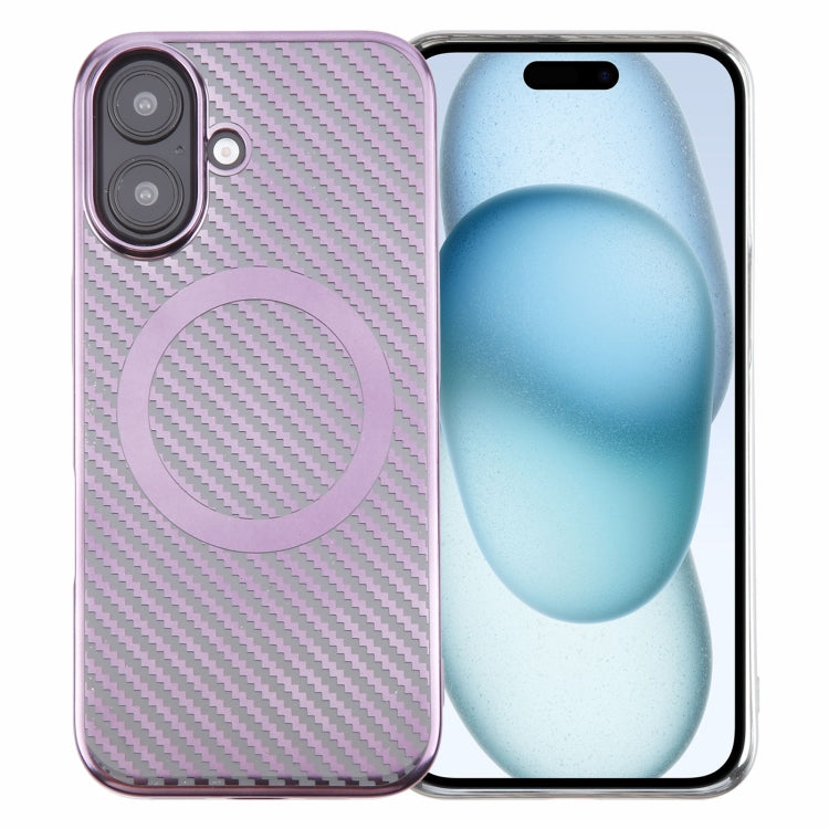 For iPhone 16 Plus 6D Plated Carbon Fiber Clear Magsafe PC Phone Case(Aurora Purple)
