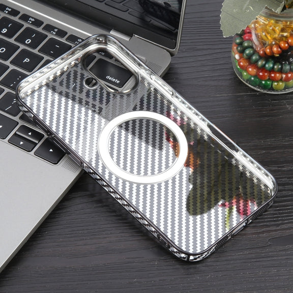 For iPhone 16 Plus 6D Plated Carbon Fiber Clear Magsafe PC Phone Case(Aurora Purple)