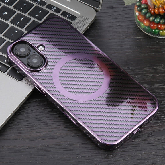 For iPhone 16 Plus 6D Plated Carbon Fiber Clear Magsafe PC Phone Case(Aurora Purple)