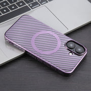 For iPhone 16 Plus 6D Plated Carbon Fiber Clear Magsafe PC Phone Case(Aurora Purple)