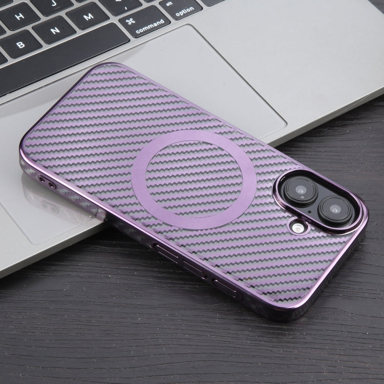 For iPhone 16 Plus 6D Plated Carbon Fiber Clear Magsafe PC Phone Case(Aurora Purple)