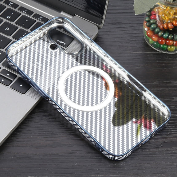 For iPhone 16 6D Plated Carbon Fiber Clear Magsafe PC Phone Case(Dream Blue)