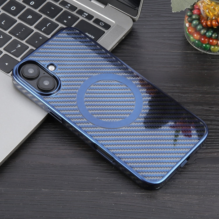 For iPhone 16 6D Plated Carbon Fiber Clear Magsafe PC Phone Case(Dream Blue)