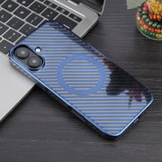For iPhone 16 6D Plated Carbon Fiber Clear Magsafe PC Phone Case(Dream Blue)