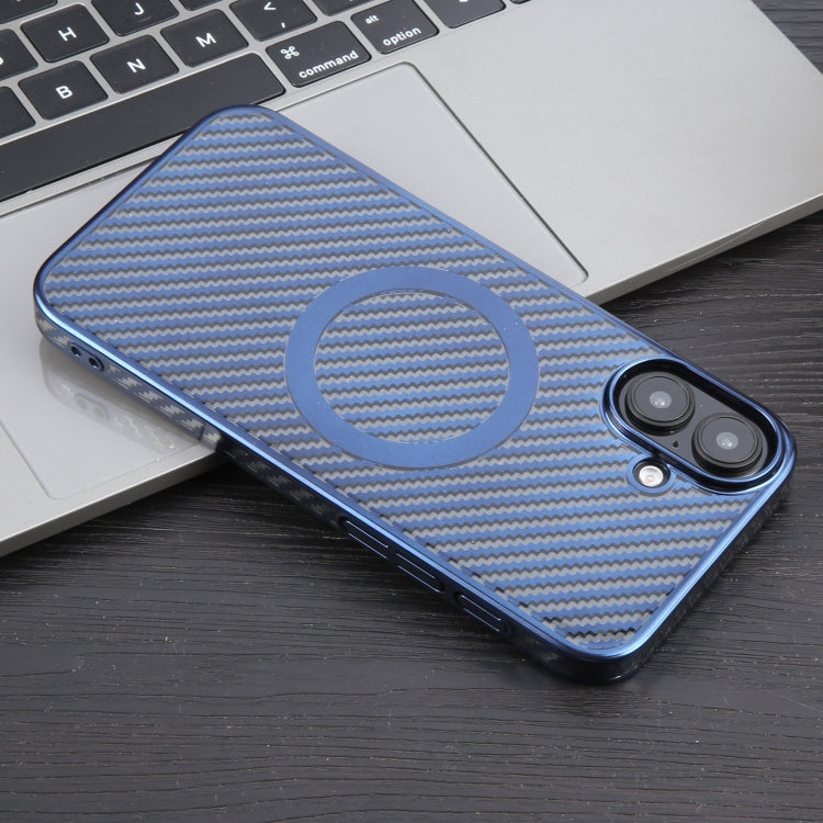 For iPhone 16 6D Plated Carbon Fiber Clear Magsafe PC Phone Case(Dream Blue)